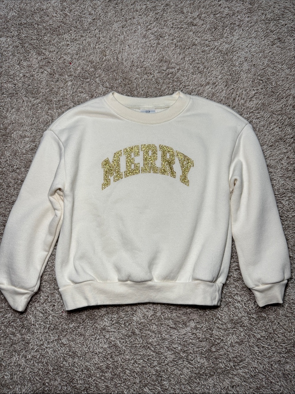 Kids GAP Cream Crewneck Sweatshirt with Gold 'MERRY' Graphic